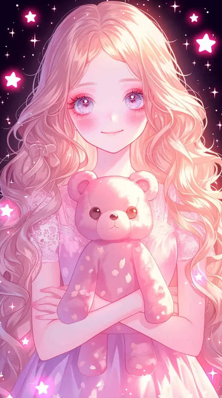 Create an animestyle illustration of a cute girl with long and curly blonde hair, big eyes, wearing pink dress and holding teddy bear . She has some pastel colors on her face. The background is a dark space with stars, some flowers, and soft moonlight.