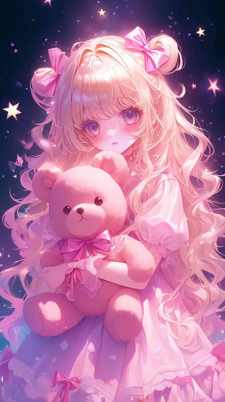 Create an animestyle illustration of a cute girl with long and curly blonde hair, big eyes, wearing pink dress and holding teddy bear . She has some pastel colors on her face. The background is a dark space with stars, some flowers, and soft moonlight.