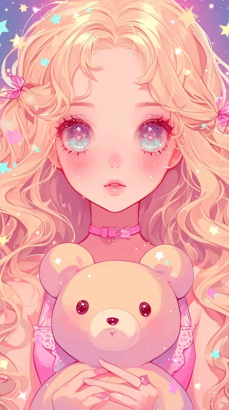 Create an animestyle illustration of a cute girl with long and curly blonde hair, big eyes, wearing pink dress and holding teddy bear . She has some pastel colors on her face. The background is a dark space with stars, some flowers, and soft moonlight.