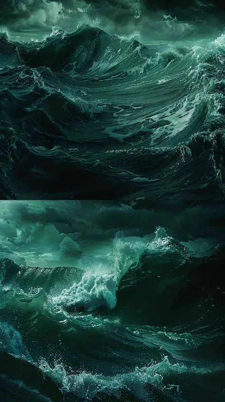 two images of ocean waves, one stormy and the other calm, in different styles, split screen, realistic and fantasy art style, atmospheric, ethereal, dark green and blue colors, detailed, concept art, high resolution, hyperrealistic, highly detailed, photography, photorealism, ultradetailed, cinematic lighting, sharp focus, hyperrealistic, high contrast, octane render, 3D rendering, HDR, intricate details, volumetric lighting, ray tracing reflections, dynamic, dramatic, action –ar 16:15 – AI绘画作品展示 | Midjourney中文版生成