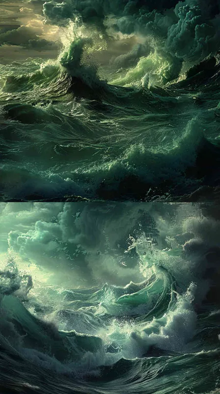  two images of ocean waves, one stormy and the other calm, in different styles, split screen, realistic and fantasy art style, atmospheric, ethereal, dark green and blue colors, detailed, concept art, high resolution, hyperrealistic, highly detailed, photography, photorealism, ultradetailed, cinematic lighting, sharp focus, hyperrealistic, high contrast, octane render, 3D rendering, HDR, intricate details, volumetric lighting, ray tracing reflections, dynamic, dramatic, action --ar 16:15 - style3部分