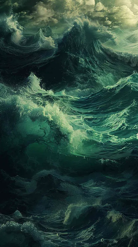  two images of ocean waves, one stormy and the other calm, in different styles, split screen, realistic and fantasy art style, atmospheric, ethereal, dark green and blue colors, detailed, concept art, high resolution, hyperrealistic, highly detailed, photography, photorealism, ultradetailed, cinematic lighting, sharp focus, hyperrealistic, high contrast, octane render, 3D rendering, HDR, intricate details, volumetric lighting, ray tracing reflections, dynamic, dramatic, action --ar 16:15 - style4部分