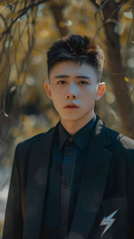 Chinese boy, photo ID shot, black suit with blue shirt underneath, silver lightning logo on the chest of the , handsome young man, short hair straight to one side, delicate facial features, light makeup, gentle expression, soft lighting, natural background, portrait photography, frontal composition. in the style of natural portrait photography. –ar 3:4 – AI绘画作品展示 | Midjourney中文版生成