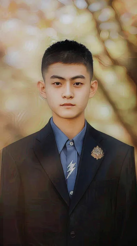 Chinese boy, photo ID shot, black suit with blue shirt underneath, silver lightning logo on the chest of the , handsome young man, short hair straight to one side, delicate facial features, light makeup, gentle expression, soft lighting, natural background, portrait photography, frontal composition. in the style of natural portrait photography. --ar 3:4 - style2部分