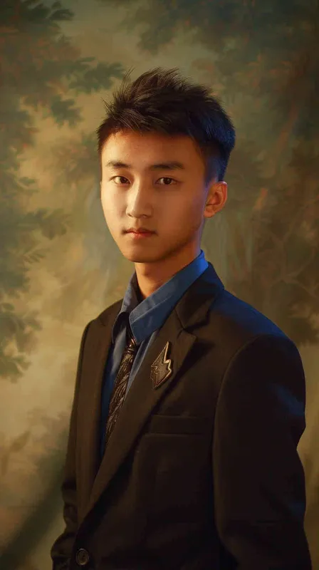 Chinese boy, photo ID shot, black suit with blue shirt underneath, silver lightning logo on the chest of the , handsome young man, short hair straight to one side, delicate facial features, light makeup, gentle expression, soft lighting, natural background, portrait photography, frontal composition. in the style of natural portrait photography. --ar 3:4 - style3部分