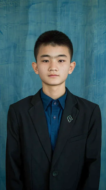 Chinese boy, photo ID shot, black suit with blue shirt underneath, silver lightning logo on the chest of the , handsome young man, short hair straight to one side, delicate facial features, light makeup, gentle expression, soft lighting, natural background, portrait photography, frontal composition. in the style of natural portrait photography. --ar 3:4 - style4部分