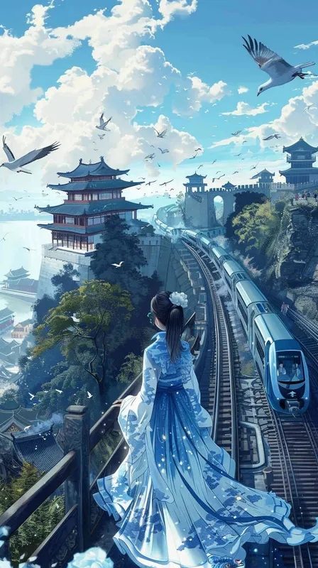 A Chinese girl wearing a blue and white dress is painting a picture of a Chinese high-speed train traveling on a track with ancient buildings. Drawing in the style of chibi, featuring flying pigeons and future floating cars; Set against iconic buildings such as Zhejiang Jinhua Museum, Jinhua Wuju Theater, Jinhua Amusement Park, and Dongfang Longmen, it is a surreal and fantastical full body portrait painting. The image has high resolution, rich and clear details, vivid colors, and a high angle perspective panoramic view. - style1部分
