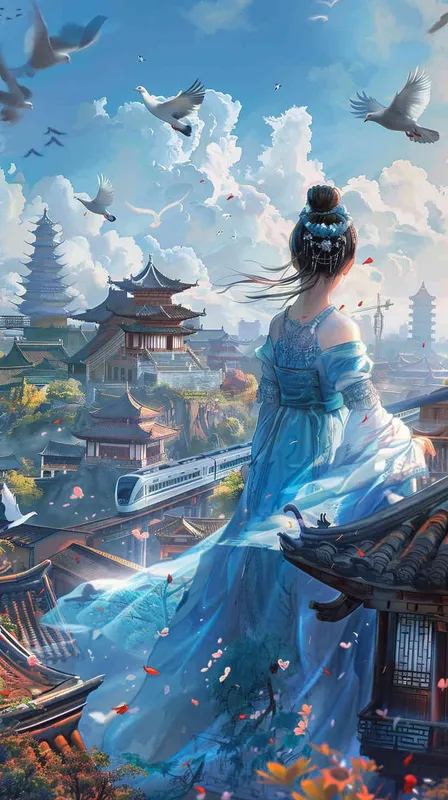 A Chinese girl wearing a blue and white dress is painting a picture of a Chinese high-speed train traveling on a track with ancient buildings. Drawing in the style of chibi, featuring flying pigeons and future floating cars; Set against iconic buildings such as Zhejiang Jinhua Museum, Jinhua Wuju Theater, Jinhua Amusement Park, and Dongfang Longmen, it is a surreal and fantastical full body portrait painting. The image has high resolution, rich and clear details, vivid colors, and a high angle perspective panoramic view. - style2部分