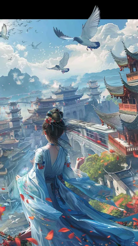 A Chinese girl wearing a blue and white dress is painting a picture of a Chinese high-speed train traveling on a track with ancient buildings. Drawing in the style of chibi, featuring flying pigeons and future floating cars; Set against iconic buildings such as Zhejiang Jinhua Museum, Jinhua Wuju Theater, Jinhua Amusement Park, and Dongfang Longmen, it is a surreal and fantastical full body portrait painting. The image has high resolution, rich and clear details, vivid colors, and a high angle perspective panoramic view. - style3部分