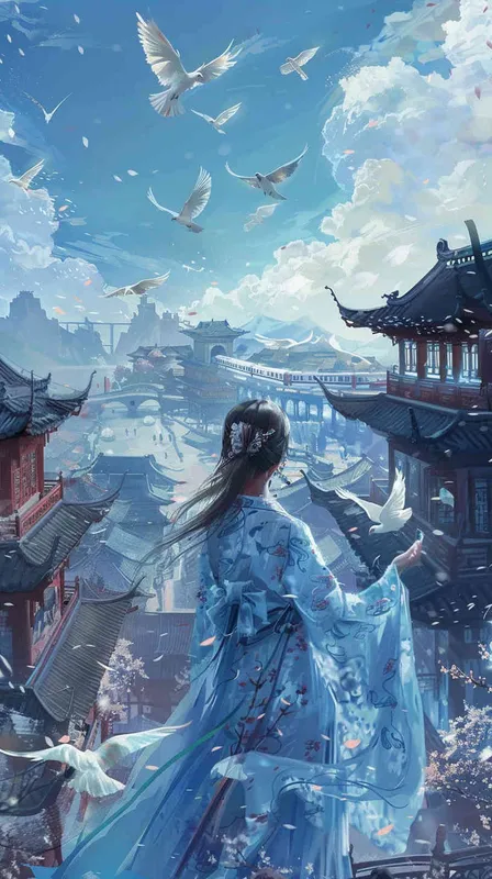 A Chinese girl wearing a blue and white dress is painting a picture of a Chinese high-speed train traveling on a track with ancient buildings. Drawing in the style of chibi, featuring flying pigeons and future floating cars; Set against iconic buildings such as Zhejiang Jinhua Museum, Jinhua Wuju Theater, Jinhua Amusement Park, and Dongfang Longmen, it is a surreal and fantastical full body portrait painting. The image has high resolution, rich and clear details, vivid colors, and a high angle perspective panoramic view. - style4部分
