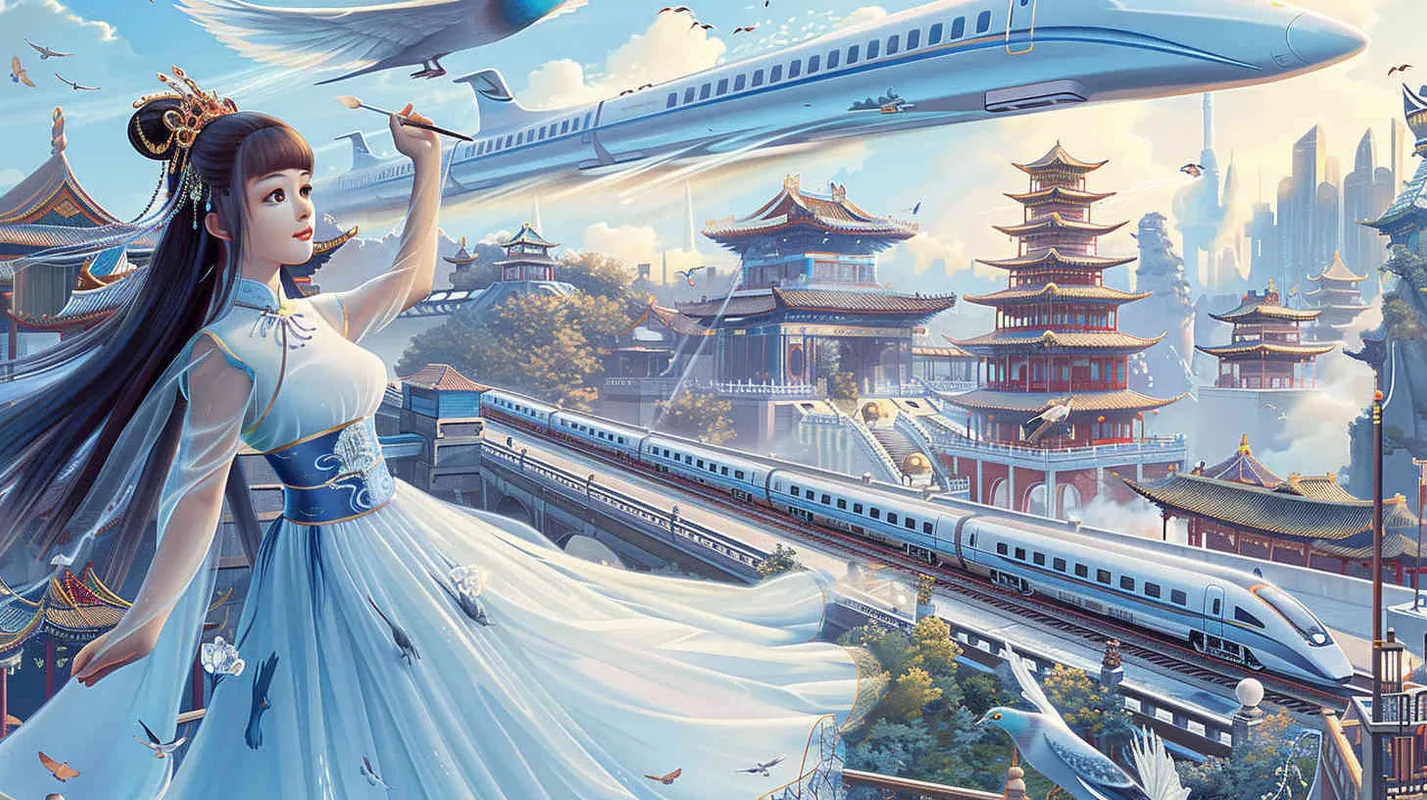 A Chinese girl wearing a blue and white dress is holding a paintbrush and drawing a picture of a Chinese high-speed train traveling on a track with ancient buildings. Drawing in the style of chibi, featuring flying pigeons and future floating cars; Set against iconic buildings such as Zhejiang Jinhua Museum, Jinhua Wuju Theater, Jinhua Amusement Park, and Dongfang Longmen, it is a surreal and fantastical full body portrait painting. The image has high resolution, rich and clear details, vivid colors, and a high angle perspective panoramic view. - style1部分