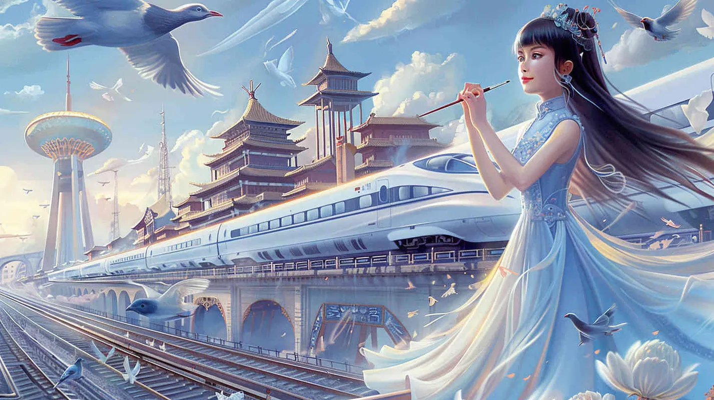 A Chinese girl wearing a blue and white dress is holding a paintbrush and drawing a picture of a Chinese high-speed train traveling on a track with ancient buildings. Drawing in the style of chibi, featuring flying pigeons and future floating cars; Set against iconic buildings such as Zhejiang Jinhua Museum, Jinhua Wuju Theater, Jinhua Amusement Park, and Dongfang Longmen, it is a surreal and fantastical full body portrait painting. The image has high resolution, rich and clear details, vivid colors, and a high angle perspective panoramic view. - style2部分