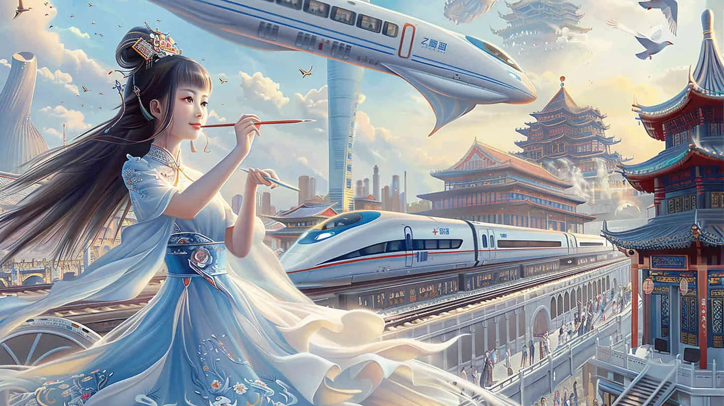 A Chinese girl wearing a blue and white dress is holding a paintbrush and drawing a picture of a Chinese high-speed train traveling on a track with ancient buildings. Drawing in the style of chibi, featuring flying pigeons and future floating cars; Set against iconic buildings such as Zhejiang Jinhua Museum, Jinhua Wuju Theater, Jinhua Amusement Park, and Dongfang Longmen, it is a surreal and fantastical full body portrait painting. The image has high resolution, rich and clear details, vivid colors, and a high angle perspective panoramic view. - style3部分