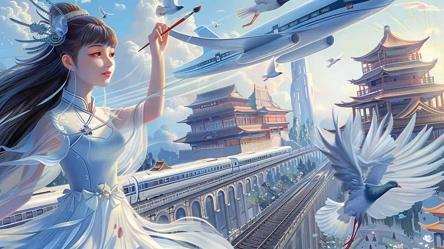 A Chinese girl wearing a blue and white dress is holding a paintbrush and drawing a picture of a Chinese high-speed train traveling on a track with ancient buildings. Drawing in the style of chibi, featuring flying pigeons and future floating cars; Set against iconic buildings such as Zhejiang Jinhua Museum, Jinhua Wuju Theater, Jinhua Amusement Park, and Dongfang Longmen, it is a surreal and fantastical full body portrait painting. The image has high resolution, rich and clear details, vivid colors, and a high angle perspective panoramic view. - style4部分