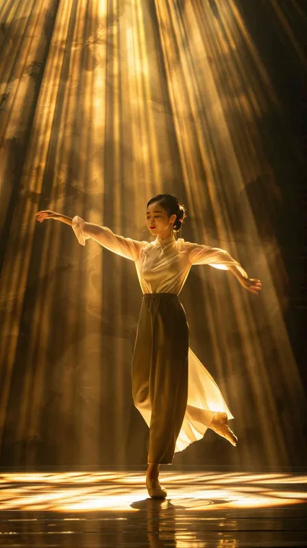 a chinese girl around 16 years old, in jazz suit, dancing on a grand stage, golden lighting, light ray, showing front face, canon 85mm f1.2, - style2部分