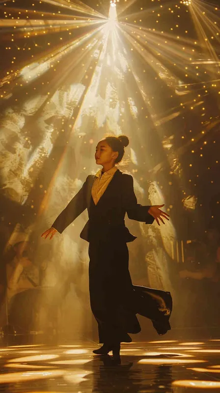 a chinese girl around 16 years old, in jazz suit, dancing on a grand stage, golden lighting, light ray, showing front face, canon 85mm f1.2, - style3部分