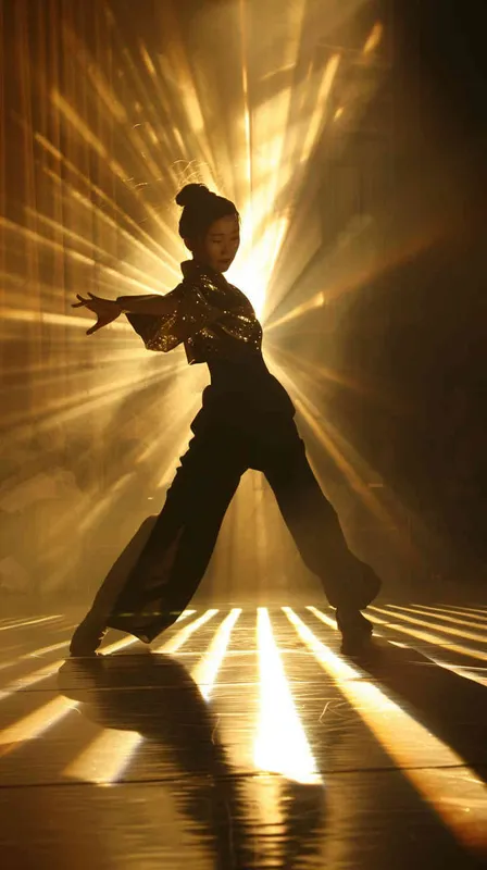 a chinese girl around 16 years old, in jazz suit, dancing on a grand stage, golden lighting, light ray, showing front face, canon 85mm f1.2, - style4部分