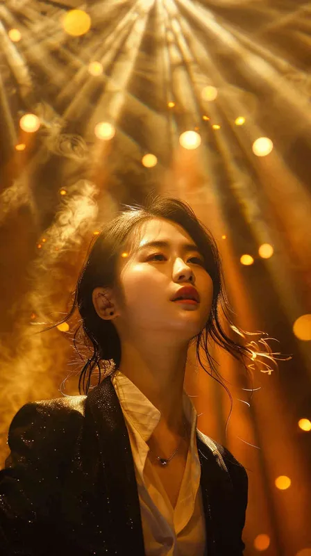  16-year-old Chinese girl, adorned in a jazz suit, gracefully dances upon a lavish stage, face to the camera, bathed in a golden glow of light rays. As she captivates the audience, her front-facing movements are flawlessly captured through the lens of a Canon 85mm f1.2 camera. KneeShot(KS),Dramatic light,Front view, mid shot --ar 9:16 --v 6.0 - style2部分