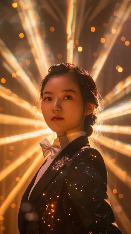  16-year-old Chinese girl, adorned in a jazz suit, gracefully dances upon a lavish stage, face to the camera, bathed in a golden glow of light rays. As she captivates the audience, her front-facing movements are flawlessly captured through the lens of a Canon 85mm f1.2 camera. KneeShot(KS),Dramatic light,Front view, mid shot --ar 9:16 --v 6.0 - style4部分