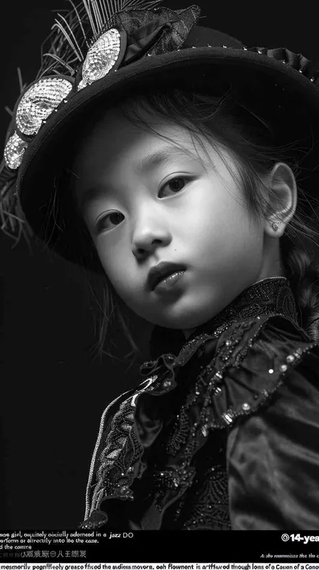 A 14-year-old Chinese girl, elegantly adorned in a jazz suit, dances with grace on a grand stage. gazes directly into the camera. As she captivates the audience, every flawless movement is beautifully captured through the lens of a Canon 85mm f1.2 camera. KneeShot(KS)!!!!, high quality, high res, 8k, raw - style1部分