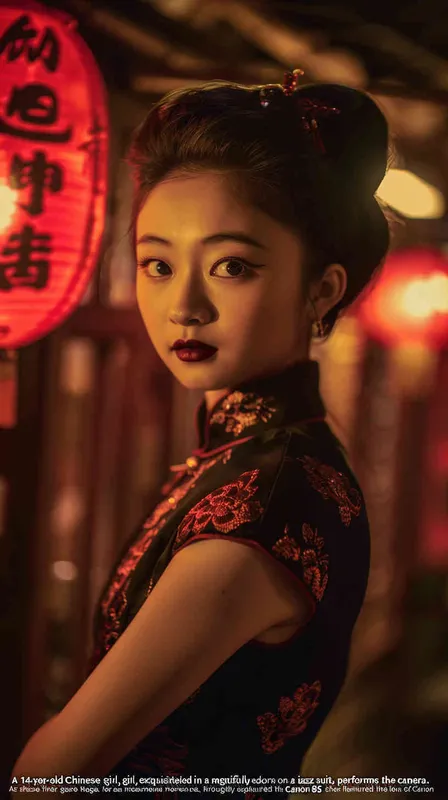 A 14-year-old Chinese girl, elegantly adorned in a jazz suit, dances with grace on a grand stage. gazes directly into the camera. As she captivates the audience, every flawless movement is beautifully captured through the lens of a Canon 85mm f1.2 camera. KneeShot(KS)!!!!, high quality, high res, 8k, raw - style2部分