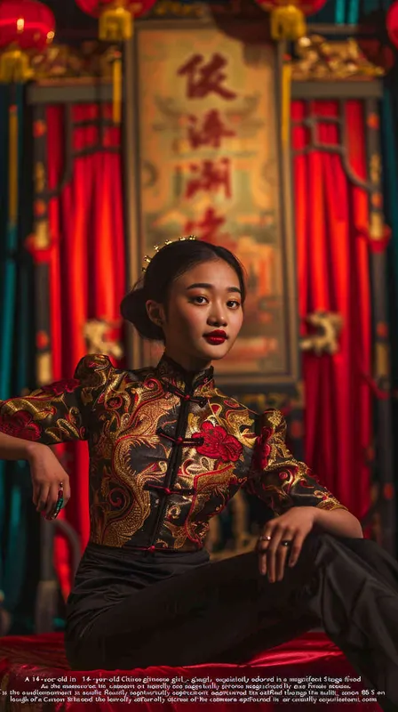 A 14-year-old Chinese girl, elegantly adorned in a jazz suit, dances with grace on a grand stage. gazes directly into the camera. As she captivates the audience, every flawless movement is beautifully captured through the lens of a Canon 85mm f1.2 camera. KneeShot(KS)!!!!, high quality, high res, 8k, raw - style3部分