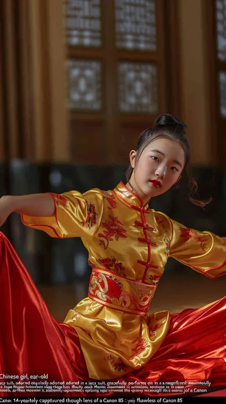A 14-year-old Chinese girl, elegantly adorned in a jazz suit, dances with grace on a grand stage. gazes directly into the camera. As she captivates the audience, every flawless movement is beautifully captured through the lens of a Canon 85mm f1.2 camera. KneeShot(KS)!!!!, high quality, high res, 8k, raw - style4部分