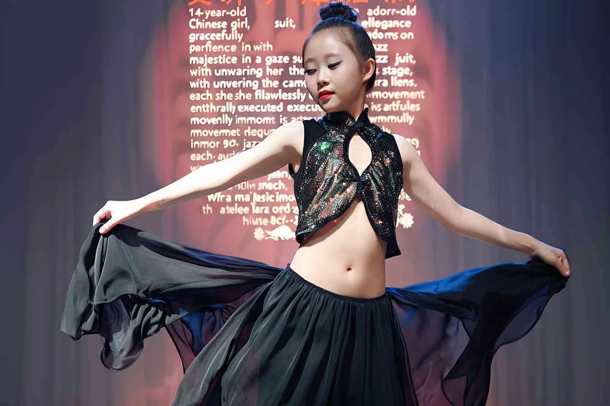 A 14-year-old Chinese girl, elegantly adorned in a jazz suit, dances with grace on a grand stage. gazes directly into the camera. As she captivates the audience, every flawless movement is beautifully captured through the lens of a Canon 85mm f1.2 camera, high quality, high res, 8k, raw, no text!!!!,  - style2部分