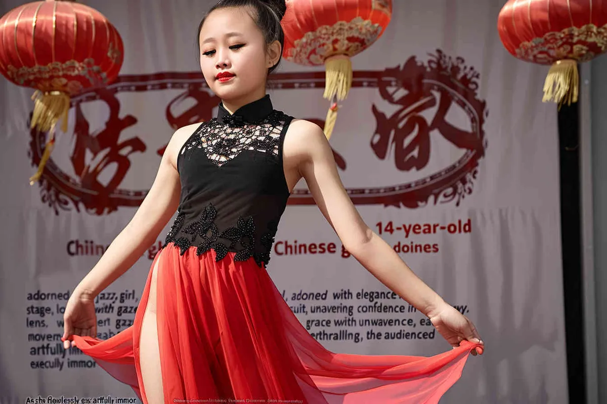 A 14-year-old Chinese girl, elegantly adorned in a jazz suit, dances with grace on a grand stage. gazes directly into the camera. As she captivates the audience, every flawless movement is beautifully captured through the lens of a Canon 85mm f1.2 camera, high quality, high res, 8k, raw, no text!!!!,  - style3部分