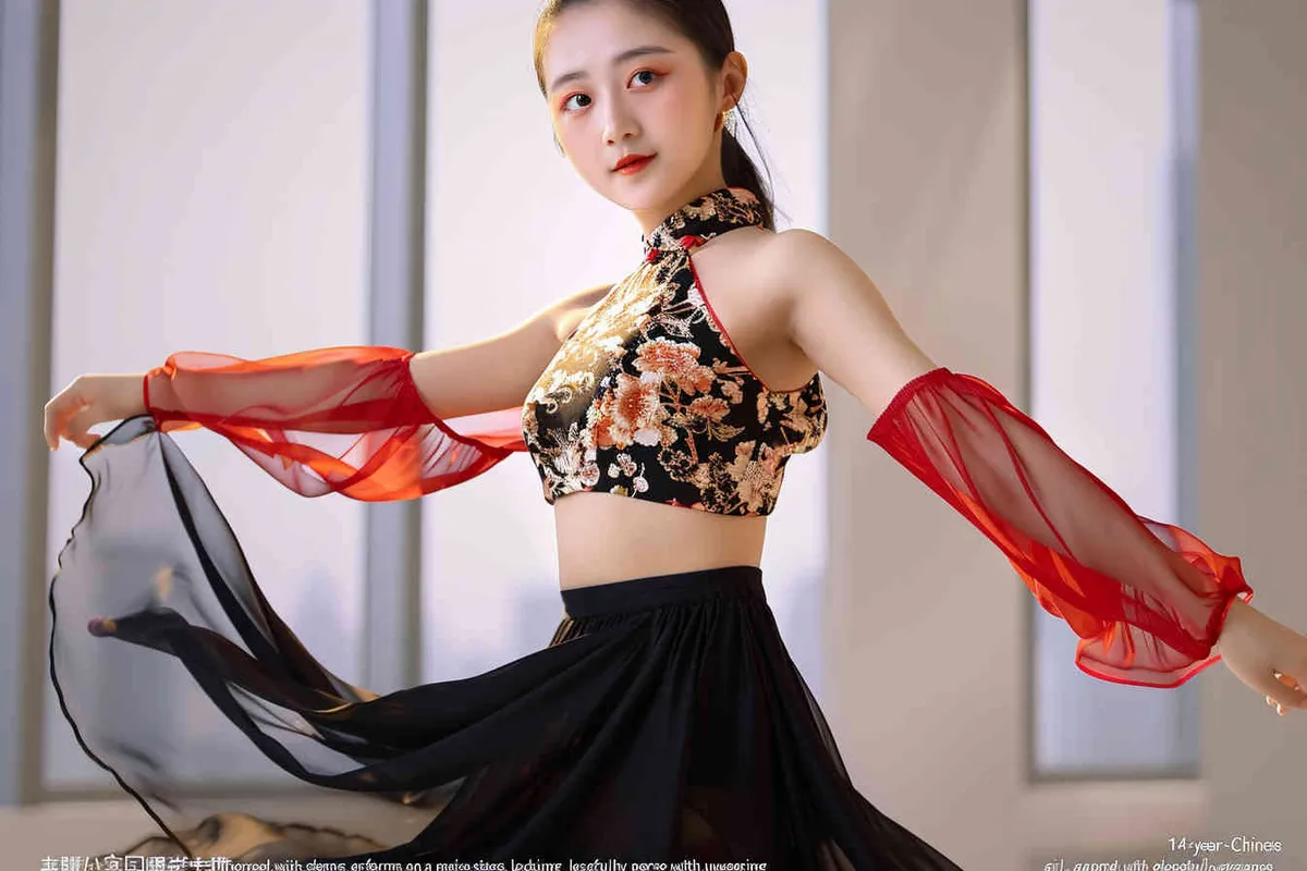 A 14-year-old Chinese girl, elegantly adorned in a jazz suit, dances with grace on a grand stage. gazes directly into the camera. As she captivates the audience, every flawless movement is beautifully captured through the lens of a Canon 85mm f1.2 camera, high quality, high res, 8k, raw, no text!!!!,  - style4部分