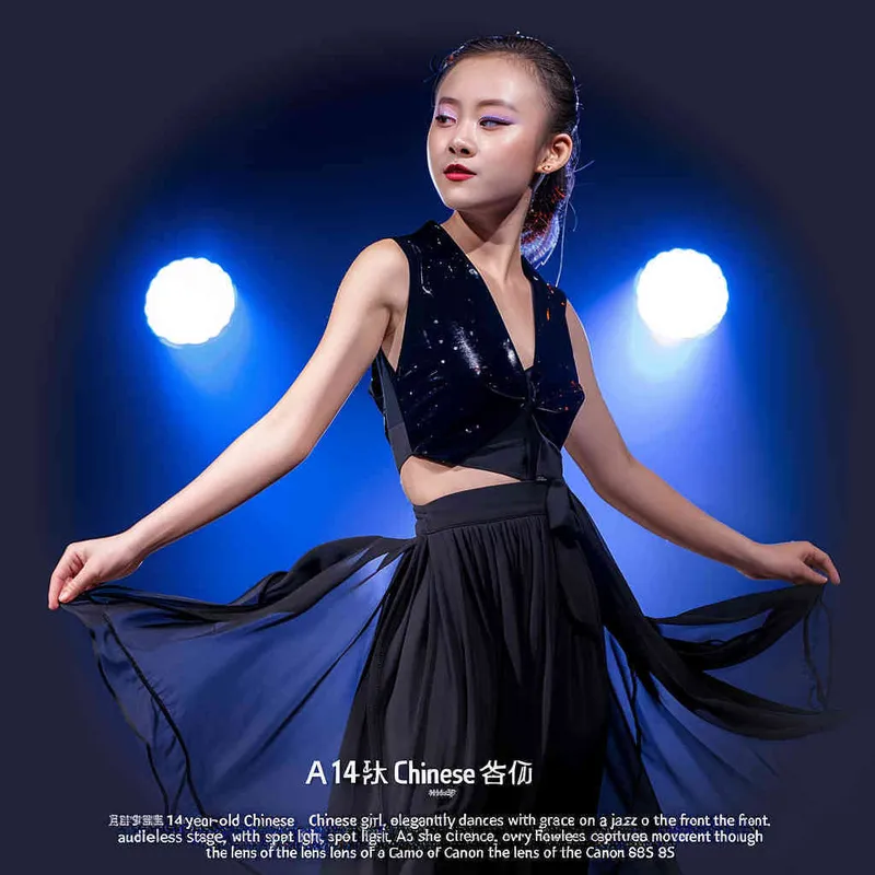 A 14-year-old Chinese girl, elegantly adorned in a jazz suit, dances with grace on a grand stage, with spot light, face directly into the front. As she captivates the audience, every flawless movement is beautifully captured through the lens of a Canon 85mm f1.2 camera, high quality, high res, 8k, raw, photo reliastic -- text - style1部分