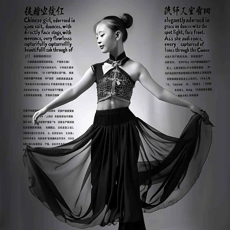 A 14-year-old Chinese girl, elegantly adorned in a jazz suit, dances with grace on a grand stage, with spot light, face directly into the front. As she captivates the audience, every flawless movement is beautifully captured through the lens of a Canon 85mm f1.2 camera, high quality, high res, 8k, raw, photo reliastic -- text - style2部分