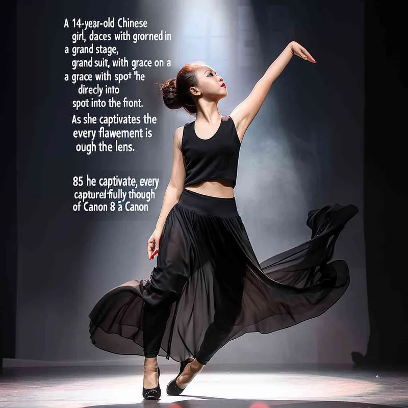 A 14-year-old Chinese girl, elegantly adorned in a jazz suit, dances with grace on a grand stage, with spot light, face directly into the front. As she captivates the audience, every flawless movement is beautifully captured through the lens of a Canon 85mm f1.2 camera, high quality, high res, 8k, raw, photo reliastic -- text - style3部分