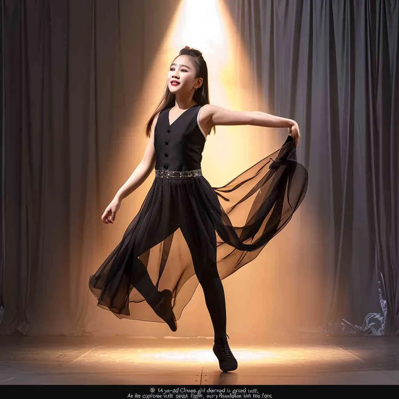 A 14-year-old Chinese girl, elegantly adorned in a jazz suit, dances with grace on a grand stage, with spot light, face directly into the front. As she captivates the audience, every flawless movement is beautifully captured through the lens of a Canon 85mm f1.2 camera, high quality, high res, 8k, raw, photo reliastic -- text - style4部分