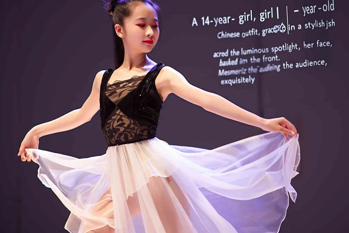 A 14-year-old Chinese girl, elegantly adorned in a jazz suit, dances with grace on a grand stage, with spot light, face directly into the front. As she captivates the audience, every flawless movement is beautifully captured through the lens of a Canon 85mm f1.2 camera, high quality, high res, 8k, raw, photo reliastic -no text - style1部分