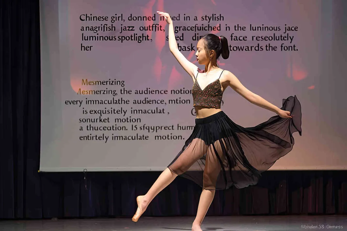 A 14-year-old Chinese girl, elegantly adorned in a jazz suit, dances with grace on a grand stage, with spot light, face directly into the front. As she captivates the audience, every flawless movement is beautifully captured through the lens of a Canon 85mm f1.2 camera, high quality, high res, 8k, raw, photo reliastic -no text - style2部分