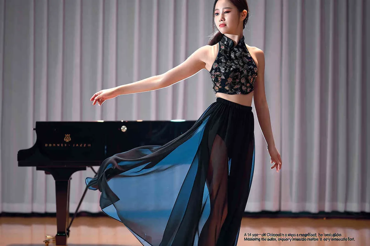 A 14-year-old Chinese girl, elegantly adorned in a jazz suit, dances with grace on a grand stage, with spot light, face directly into the front. As she captivates the audience, every flawless movement is beautifully captured through the lens of a Canon 85mm f1.2 camera, high quality, high res, 8k, raw, photo reliastic -no text - style4部分
