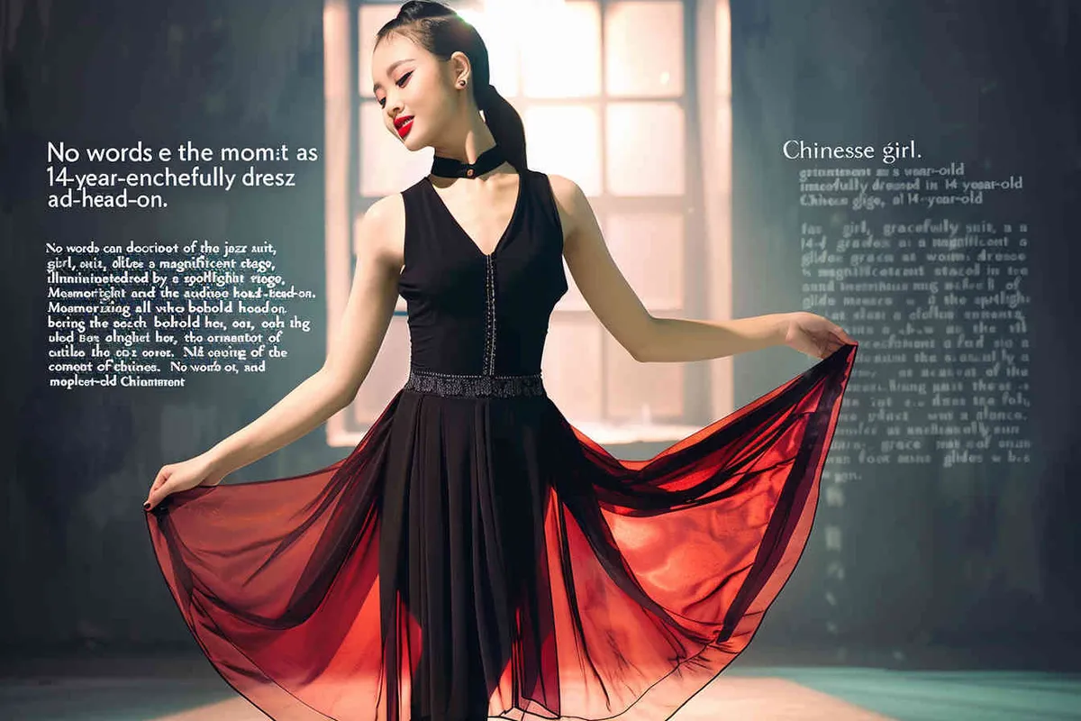 No text, A 14-year-old Chinese girl, elegantly adorned in a jazz suit, dances with grace on a grand stage, with spot light, face directly into the front. As she captivates the audience, every flawless movement is beautifully captured through the lens of a Canon 85mm f1.2 camera, high quality, high res, 8k, raw, photo reliastic -- text - style1部分