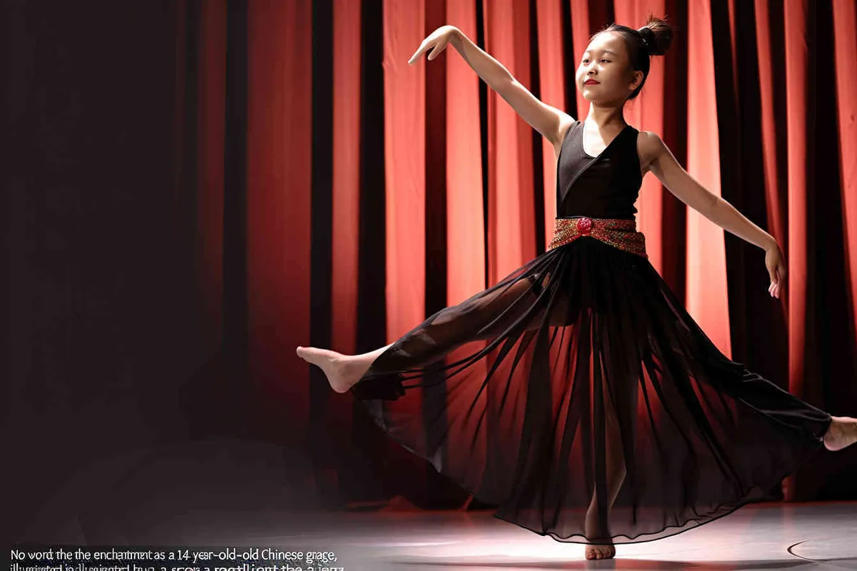 No text, A 14-year-old Chinese girl, elegantly adorned in a jazz suit, dances with grace on a grand stage, with spot light, face directly into the front. As she captivates the audience, every flawless movement is beautifully captured through the lens of a Canon 85mm f1.2 camera, high quality, high res, 8k, raw, photo reliastic -- text - style3部分