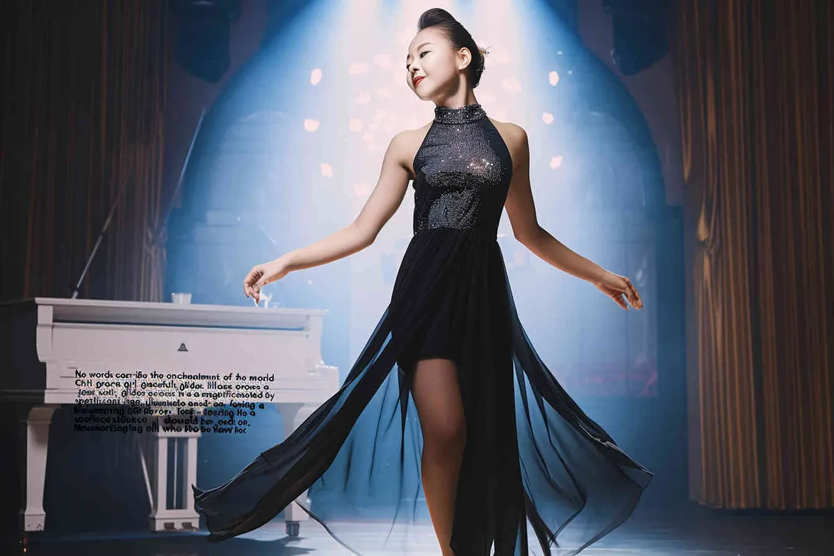 No text, A 14-year-old Chinese girl, elegantly adorned in a jazz suit, dances with grace on a grand stage, with spot light, face directly into the front. As she captivates the audience, every flawless movement is beautifully captured through the lens of a Canon 85mm f1.2 camera, high quality, high res, 8k, raw, photo reliastic -- text - style4部分