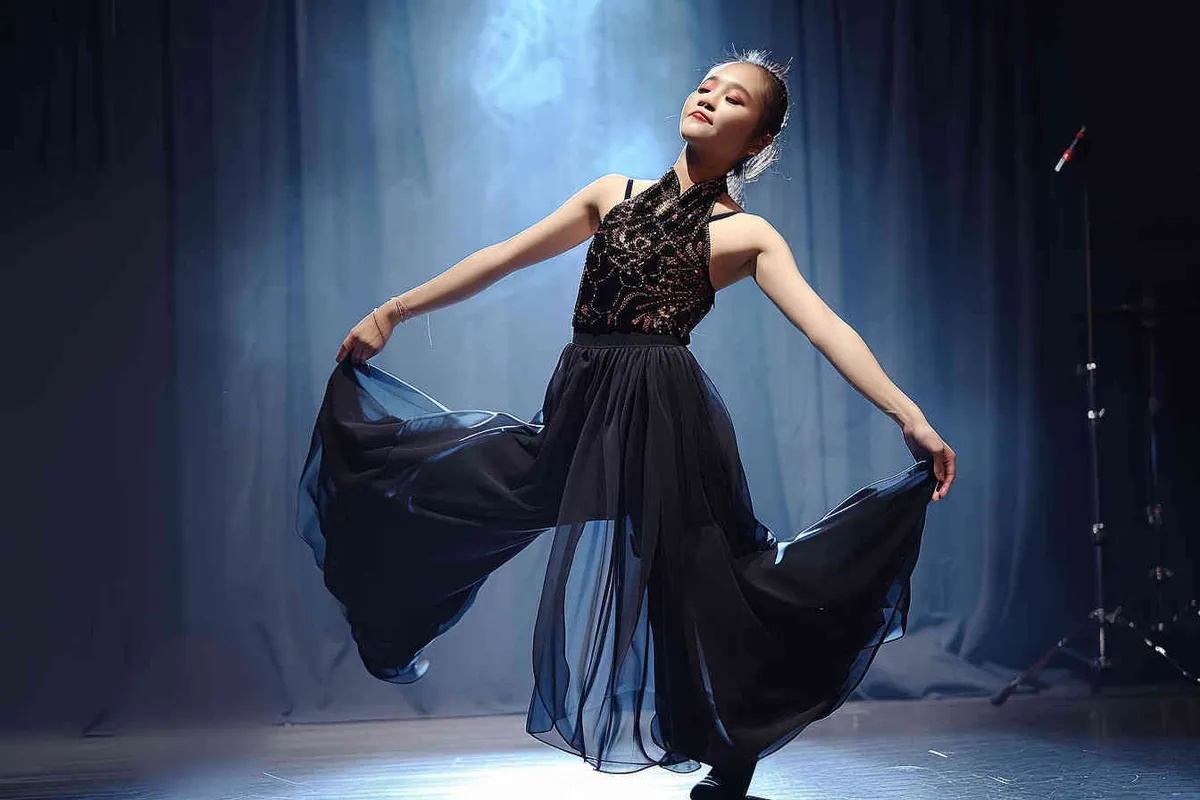 No text!!!!!!!!!!!!!!!!, a 14-year-old Chinese girl, elegantly adorned in a jazz suit, dances with grace on a grand stage, with spot light, face directly into the front. As she captivates the audience, every flawless movement is beautifully captured through the lens of a Canon 85mm f1.2 camera, high quality, high res, 8k, raw, photo reliastic - style3部分