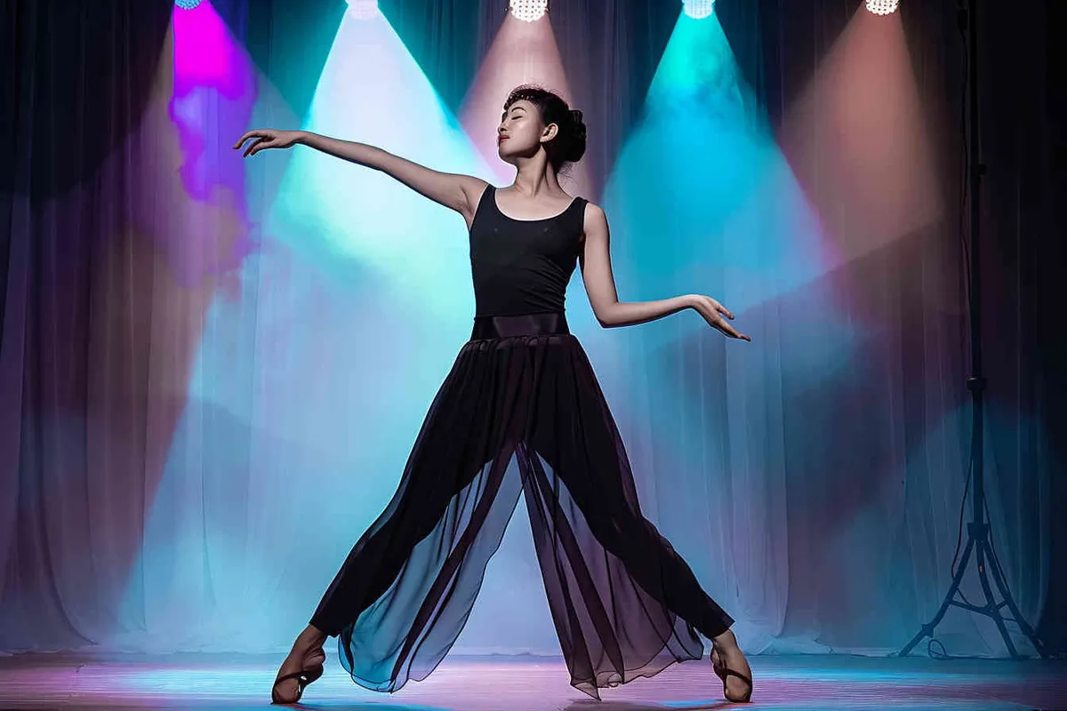 No text!!!!!!!!!!!!!!!!, a 14-year-old Chinese girl, elegantly adorned in a jazz suit, dances with grace on a grand stage, with spot light, face directly into the front. As she captivates the audience, every flawless movement is beautifully captured through the lens of a Canon 85mm f1.2 camera, high quality, high res, 8k, raw, photo reliastic - style4部分