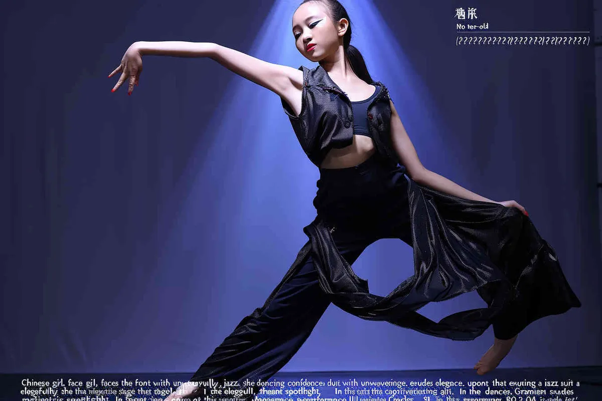 No text!!!!!!!!!!!!!!!!, a 14-year-old Chinese girl, face directly into the front, elegantly adorned in a jazz suit, dances with grace on a grand stage, with spot light, As she captivates the audience, every flawless movement is beautifully captured through the lens of a Canon 85mm f1.2 camera, high quality, high res, 8k, raw, photo reliastic - style2部分
