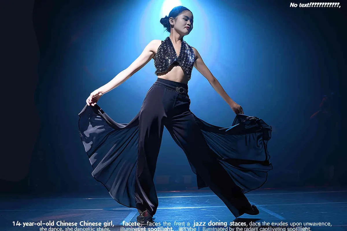 No text!!!!!!!!!!!!!!!!, a 14-year-old Chinese girl, face directly into the front, elegantly adorned in a jazz suit, dances with grace on a grand stage, with spot light, As she captivates the audience, every flawless movement is beautifully captured through the lens of a Canon 85mm f1.2 camera, high quality, high res, 8k, raw, photo reliastic - style3部分