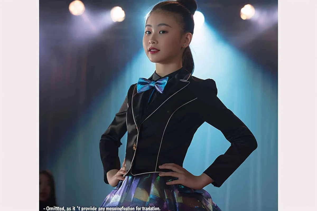 No text!!!!!!!!!!!!!!!!, a 14-year-old Chinese girl, face directly into the front, look to eye level, elegantly adorned in a jazz suit, dances with grace on a grand stage, with spot light, As she captivates the audience, every flawless movement is beautifully captured through the lens of a Canon 85mm f1.2 camera, high quality, high res, 8k, raw, photo reliastic - style1部分