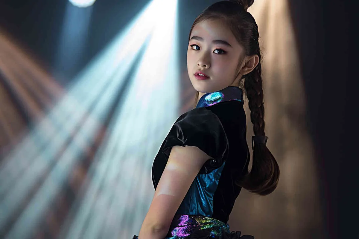 No text!!!!!!!!!!!!!!!!, a 14-year-old Chinese teenage girl, face directly into the front, elegantly adorned in a jazz suit, dances with grace on a grand stage, with spot light, As she captivates the audience, every flawless movement is beautifully captured through the lens of a Canon 85mm f1.2 camera, high quality, high res, 8k, raw, photo reliastic - style2部分