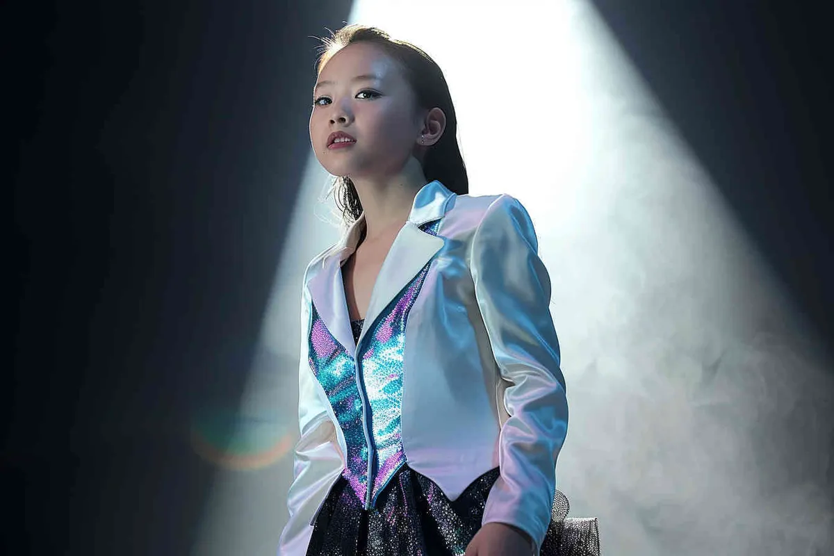No text!!!!!!!!!!!!!!!!, a 14-year-old Chinese teenage girl, face directly into the front, elegantly adorned in a jazz suit, dances with grace on a grand stage, with spot light, As she captivates the audience, every flawless movement is beautifully captured through the lens of a Canon 85mm f1.2 camera, high quality, high res, 8k, raw, photo reliastic - style3部分