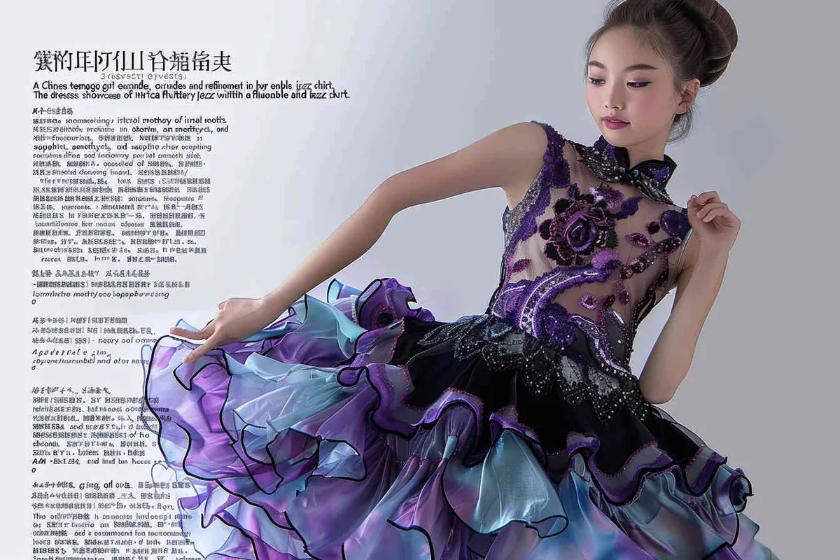1️⃣ A chinese teen girl is wearing an elegant and stylish dress with a jazz skirt, face to the front perfect for a dance competition or performance. The dress features intricate floral patterns on the top half in black, purple and blue colors, while its short length features turquoise lace pastel ruffles that add depth to her figure. She is posing confidently against a white background, showcasing the beauty of movement and style that make it ideal for dancing styles like contemporary jazz, on a grand stage, spotlight – AI绘画作品展示 | Midjourney中文版生成
