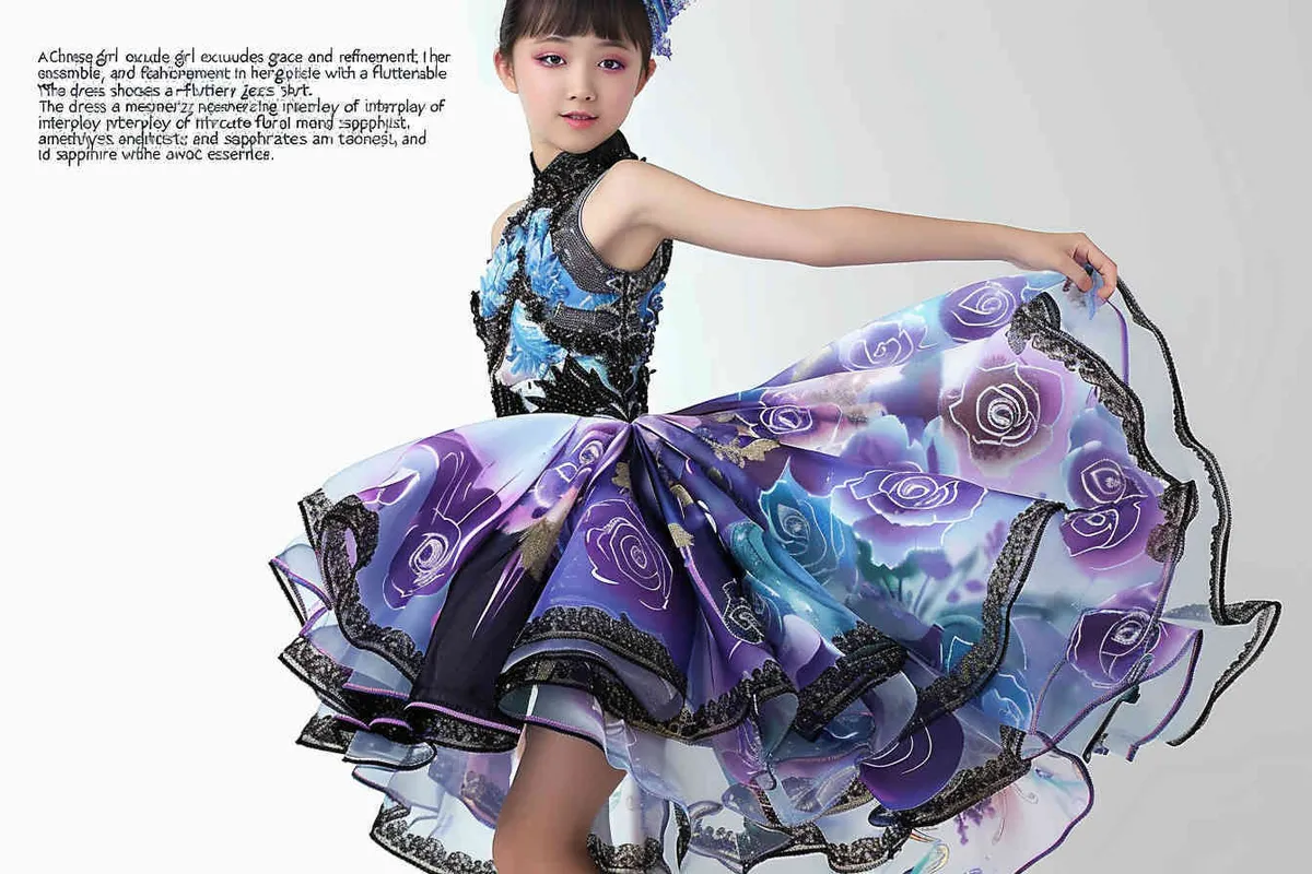 1️⃣ A chinese teen girl is wearing an elegant and stylish dress with a jazz skirt, face to the front perfect for a dance competition or performance. The dress features intricate floral patterns on the top half in black, purple and blue colors, while its short length features turquoise lace pastel ruffles that add depth to her figure. She is posing confidently against a white background, showcasing the beauty of movement and style that make it ideal for dancing styles like contemporary jazz, on a grand stage, spotlight - style2部分