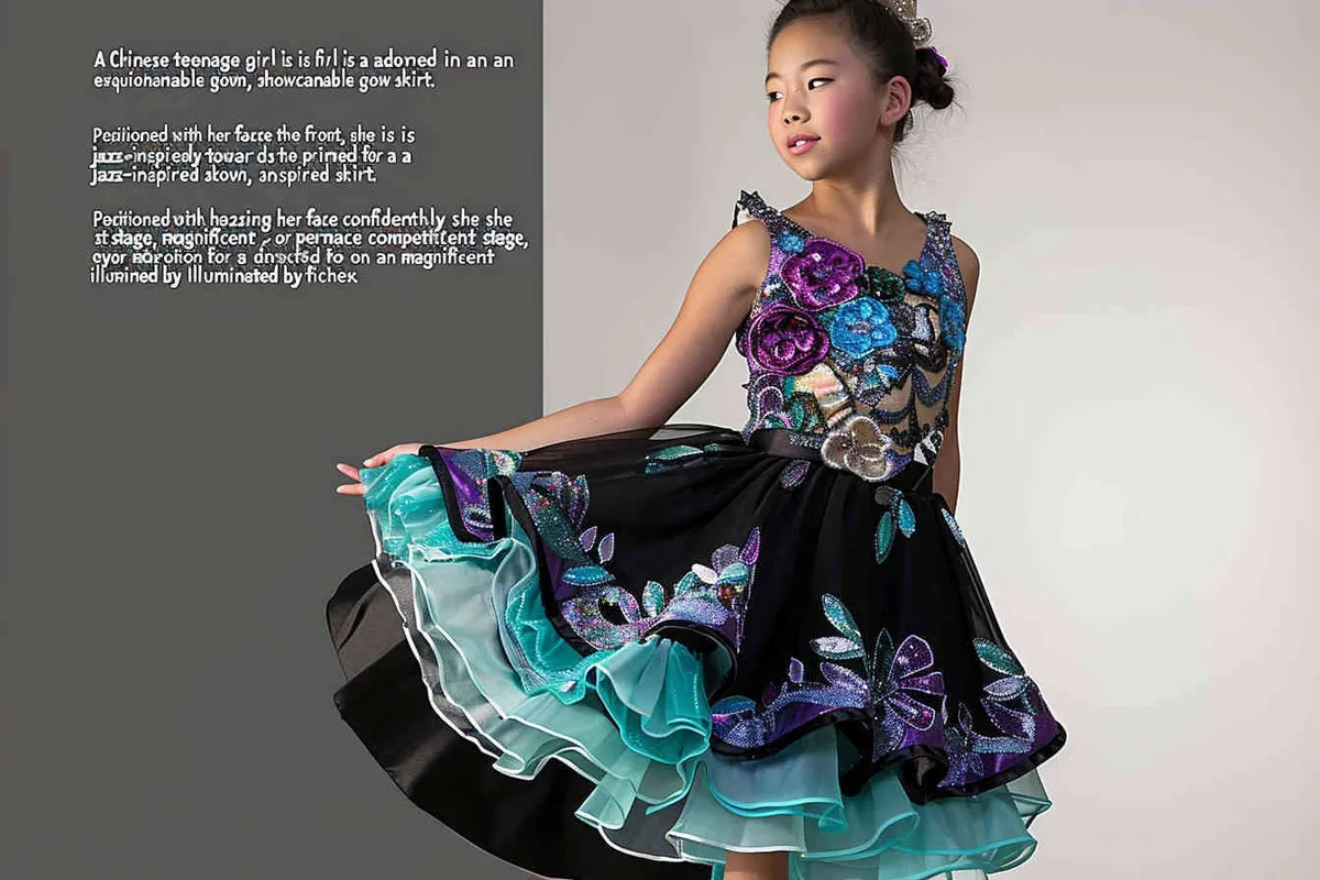 chinese teen girl is wearing an elegant and stylish dress with a jazz skirt, face to the front perfect for a dance competition or performance, on a grand stage, spotlight, The dress features intricate floral patterns on the top half in black, purple and blue colors, while its short length features turquoise lace pastel ruffles that add depth to her figure. She is posing confidently against a white background, showcasing the beauty of movement and style that make it ideal for dancing styles like contemporary jazz,  – AI绘画作品展示 | Midjourney中文版生成